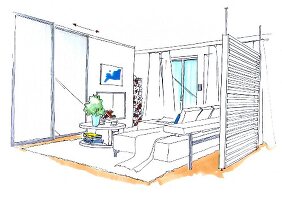 Zeichnung Wohnzimmer, Sofa, Schrankwand, Couchtisch, Raumtrenner