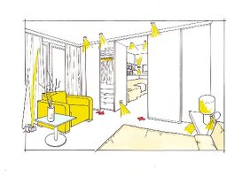 Zeichnung Schlafzimmer mit Kleiderschrank als Raumtrenner