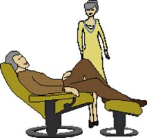 Illustration Mann im Sessel, liegen, Frau stehen