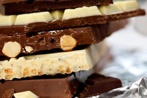 Close-up of white and dark chocolate bars