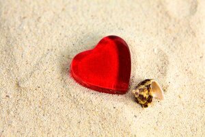 Red heart and sea shell on sand