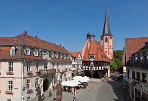 View of market square near City hall in Michel City, Odenwald, Hesse, Germany