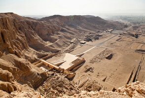 Elevated view of Mortuary temple of Mentuhotep and Hatshepsut, Deir el-Bahari, Egypt