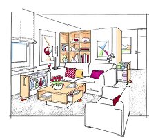 Illustration of living room with sofa, table and shelf