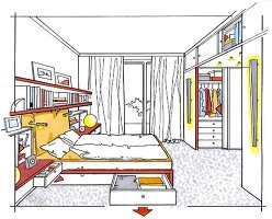Illustration of bedroom with bed, closet and shelf