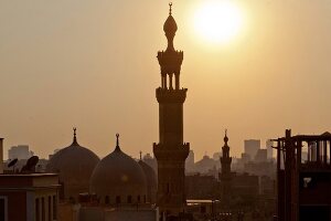 View of Al-Azhar mosque and Cairo Tower at sunset, Cairo, Aswan, Egypt