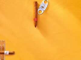 Cigar and ashtray on yellow background