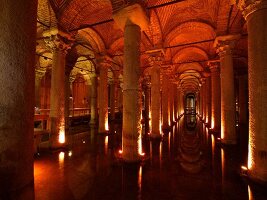 Interior of Basilica Cistern in Istanbul, Turkey