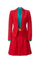 Red blazer, flared skirt with green shirt on white background