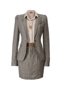 Khaki blazer and skirt with beige shirt and necklace