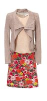 Suede leather jacket and floral pattern skirt against white background