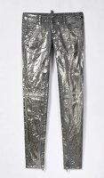 Close-up of silver shiny jeans on white background