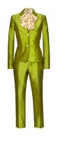 Close-up of green silk single-breasted coat and trousers on white background