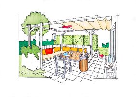 Illustration, Terrasse, Garten, Pergola, Grill, Eckbank, Tisch