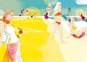 Illustration, Frauen, Strand, Sommer Sonne, Bikini, Strandoutfit