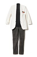 White blazer with black chiffon blouse and leather pants on white background