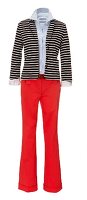 Striped jacket and red pants on white background