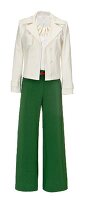 White jacket with green palazzo pants on white background
