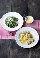Kasnocken and Tyrolean spinach sparrows on plates