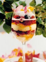 Close-up of berry parfait layered in glass
