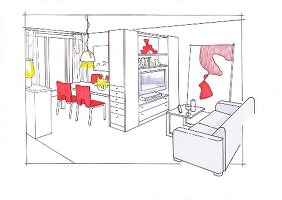 Illustration of living room, dining room and lounge area