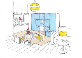 Illustration of living room with shelf, cupboard, play corner and toys