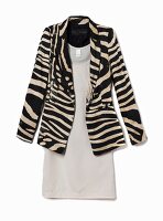 Zebra print blazer over mini dress on white background