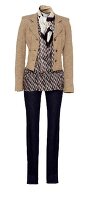 Short blazer, silk ethnic print top, skinny jeans and scarf on white background