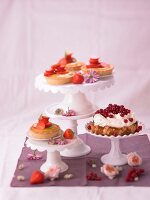 Almond tartlets with lemon curd and strawberries, and a marzipan tart with redcurrants