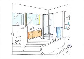 Illustration of bathroom with all the corners occupied