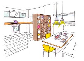Illustration, Zeichnung, Küche, Esstisch, Zonen