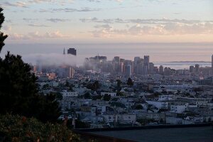View of cityscape and skyline at dawn in San Francisco, California, USA