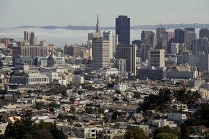 View of cityscape and skyline with clouds in San Francisco, California, USA