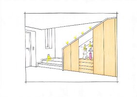 Illustration of staircase with cupboards