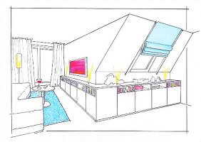 Illustration of attic with cabinet in living room