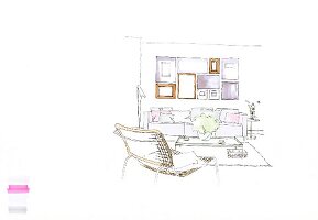 Illustration of living room with sofa and picture frames on wall