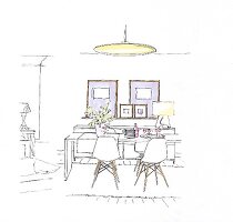 Illustration of dining room with table, chairs and chandelier