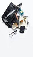 Handbag, cell phone, organizer, cosmetics and pouch on white background, overhead view