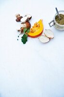 Mushrooms with porcini , pumpkin and onion on white background