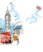 Illustration, London, Big Ben, Londonbus, London Eye, typisch