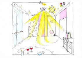 Illustration of party room with various party lights