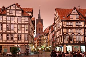 View of Market church and half-timbered houses on Kramer Street, Hannover, Germany