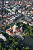 Aerial view of Maschpark, Maschteich and New Town Hall in Hannover, Germany