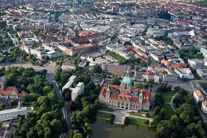 Aerial view of Maschpark, Maschteich and New Town Hall in Hannover, Germany