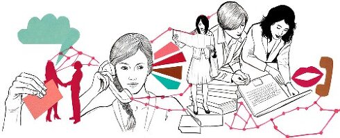 Illustration of women using various communication technologies