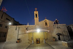 Facade of Gabriel church during Christmas time at night, Nazareth, Israel