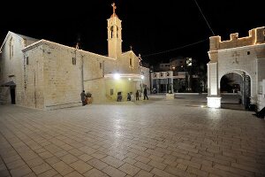 Facade of Gabriel church during Christmas time at night, Nazareth, Israel