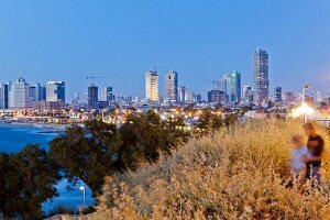 View of Neve Tzedek district skyline and Mediterranean at evening, Tel Aviv, Israel