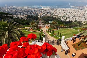 People at Shrine of the Bab and view of Bahai Garden from Mount Carmel, Haifa, Israel