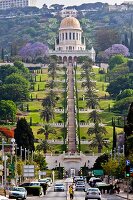View of Shrine dome with steps and palm trees at Bahai Garden, Haifa, Israel